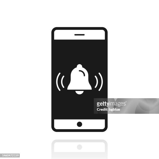 smartphone mit klingel - benachrichtigung. symbol mit reflexion auf weißem hintergrund - bell icon stock-grafiken, -clipart, -cartoons und -symbole