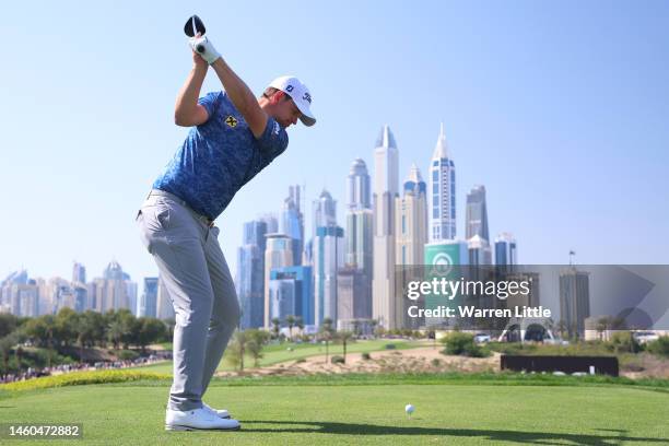 Bernd Wiesberger of Austria tees off on the 8th hole during the Third Round on Day Four of the Hero Dubai Desert Classic at Emirates Golf Club on...