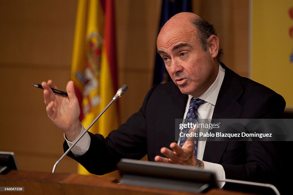 Spanish Economy Minister Luis De Guindos Addresses Media