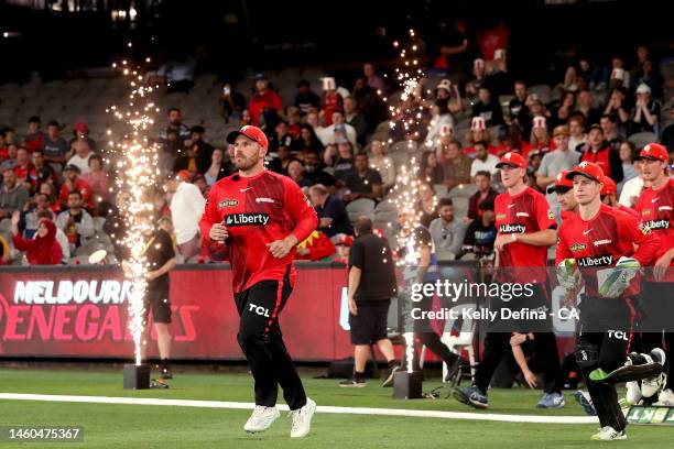 Aaron Finch of the Renegades and team mates run out during the Men's Big Bash League match between the Melbourne Renegades and the Brisbane Heat at...