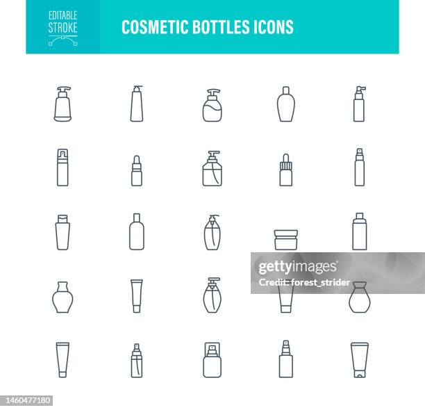 symbole für kosmetische flaschen bearbeitbarer strich - bottle icon stock-grafiken, -clipart, -cartoons und -symbole