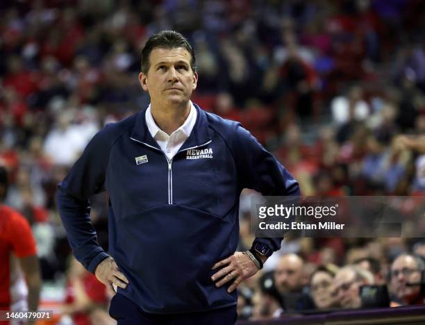 Head coach Steve Alford of the Nevada Wolf Pack looks on in the first half of a game against the UNLV Rebels at the Thomas & Mack Center on January...