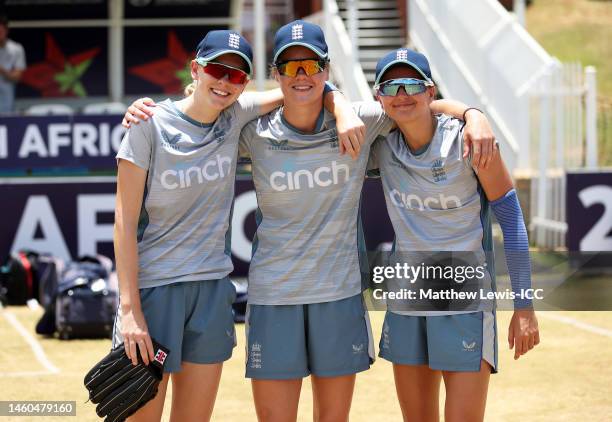 Sophia Smale, Alexa Stonehouse and Hannah Baker of England pose for a photo ahead of the ICC Women's U19 T20 World Cup 2023 Final match between India...