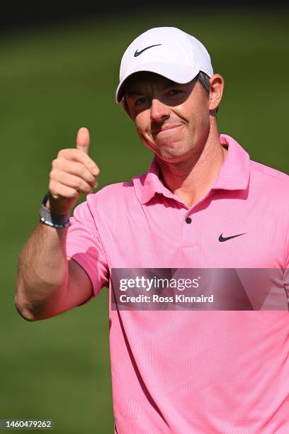 Rory McIlroy of Northern Ireland waves to the crowd on the 9th hole during the Third Round on Day Four of the Hero Dubai Desert Classic at Emirates...