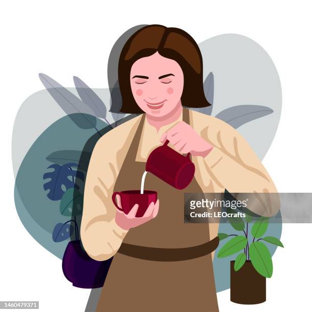 beautiful young woman/barista preparing coffee with smile in coffee café, small business concept. - young women stock illustrations