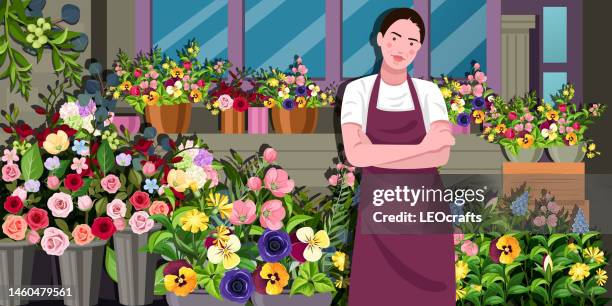 beautiful young woman florist standing in front of flower shop with smile - arrangements of flowers stock illustrations