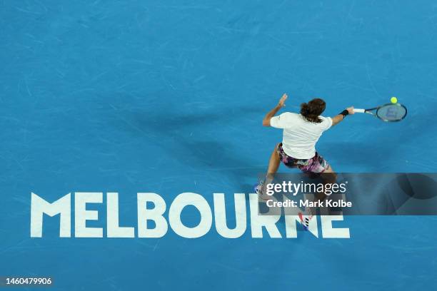 Stefanos Tsitsipas of Greece plays a forehand in the Men’s Singles Final against Novak Djokovic of Serbia during day 14 of the 2023 Australian Open...