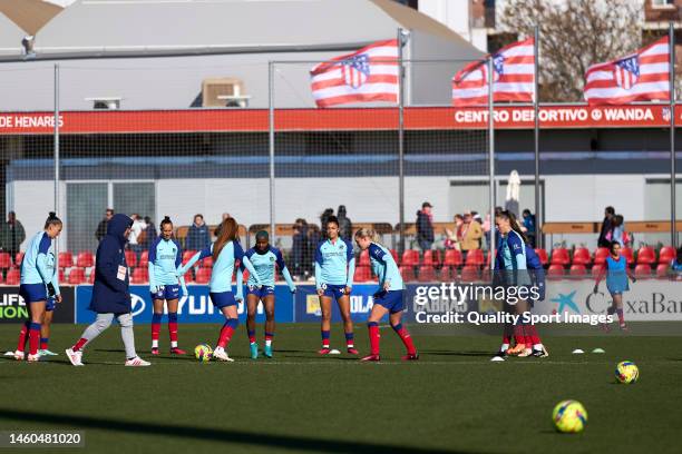 Players of Atletico de Madrid warming up prior the game during the Liga F match between Atletico de Madrid and Sevilla on January 29, 2023 in Alcala...