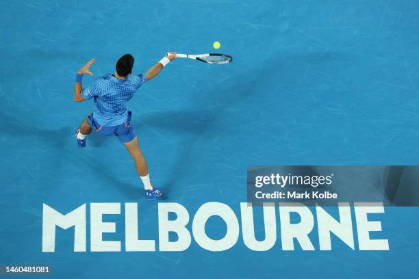 Novak Djokovic of Serbia plays a forehand in the Men’s Singles Final against Stefanos Tsitsipas of Greece during day 14 of the 2023 Australian Open...