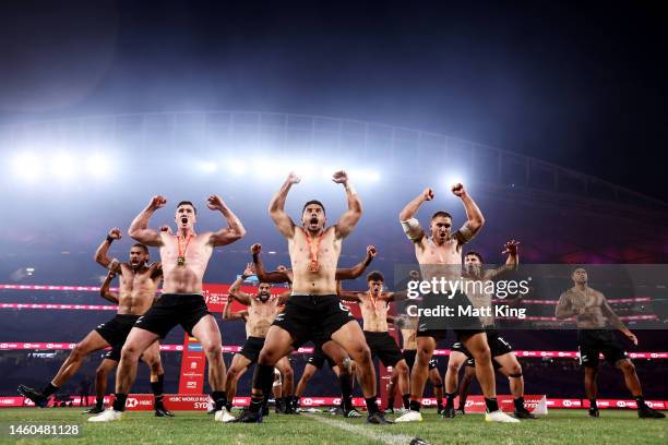 New Zealand Men's team perform the Haka after their victory in the 2023 Sydney Sevens match between New Zealand and South Africa at Allianz Stadium...