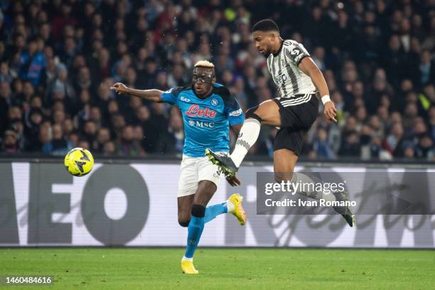 Bremer of Juventus FC and Victor Osimhen of SSC Napoli compete for the ball during the Serie A match between SSC Napoli and Juventus at Stadio Diego...