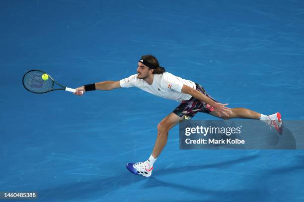 Stefanos Tsitsipas of Greece plays a forehand in the Men’s Singles Final against Novak Djokovic of Serbia during day 14 of the 2023 Australian Open...