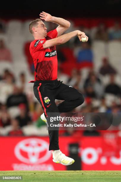 Tom Rogers of the Renegades bowls during the Men's Big Bash League match between the Melbourne Renegades and the Brisbane Heat at Marvel Stadium, on...