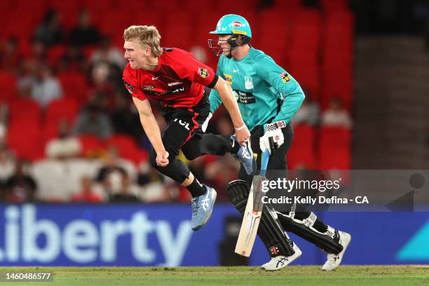 Will Sutherland of the Renegades bowls during the Men's Big Bash League match between the Melbourne Renegades and the Brisbane Heat at Marvel...