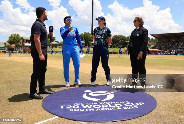 Shafali Verma of India flips the coin as Grace Scrivens of England looks on ahead of the ICC Women's U19 T20 World Cup 2023 Final match between India...