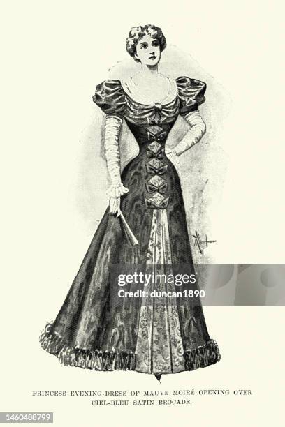 stockillustraties, clipart, cartoons en iconen met victorian ladies fashions of the 1890s, princess evening dress of mauve moire opening over ciel-bleu satin brocade - costume bleu