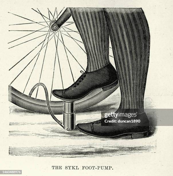 sykl portable foot pump for bicycles, victorian 1890s, 19th century - bicycle tire stock illustrations