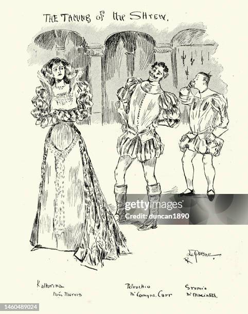 szene aus william shakespeares der widerspenstigen zähmung, aufgeführt in der oxford university dramatic society - dompteur stock-grafiken, -clipart, -cartoons und -symbole