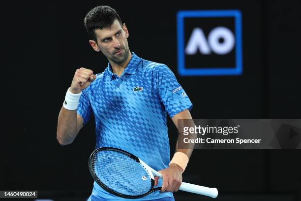 Novak Djokovic of Serbia celebrates winning a point in the Men’s Singles Final against Stefanos Tsitsipas of Greece during day 14 of the 2023...