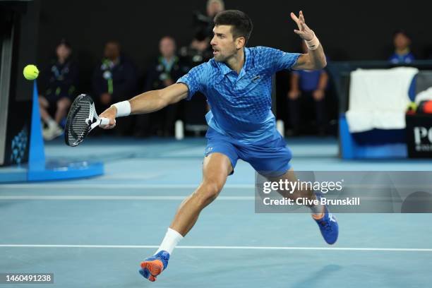 Novak Djokovic of Serbia plays a backhand in the Men’s Singles Final against Stefanos Tsitsipas of Greece during day 14 of the 2023 Australian Open...