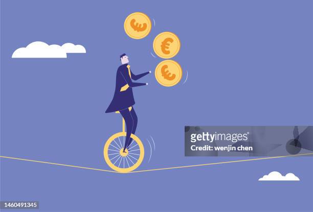 ilustraciones, imágenes clip art, dibujos animados e iconos de stock de hombre de negocios realizando acrobacias con euros en un cable - cuerda floja