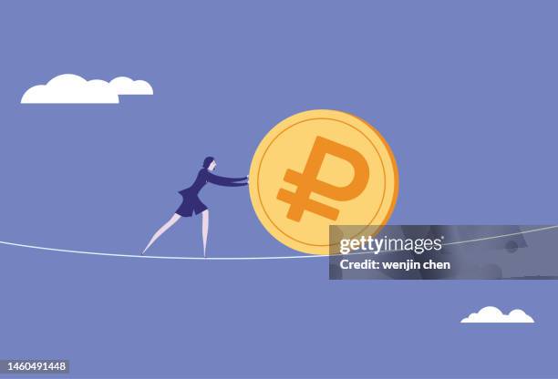 business woman rolls russian ruble on wire rope - scrolling stock illustrations