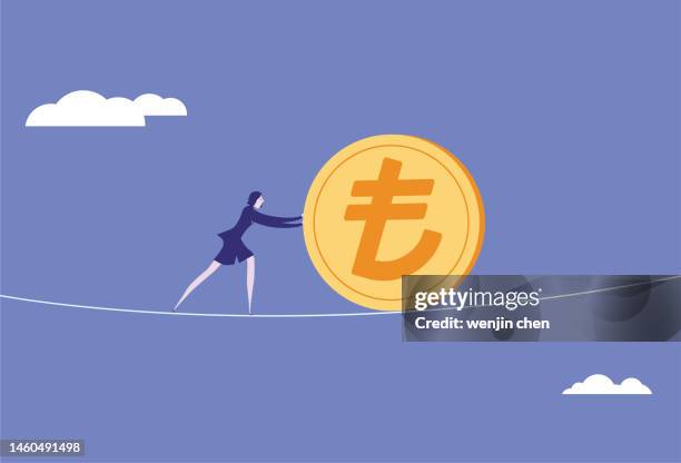 business woman with turkish currency on wire rope - lire stock illustrations