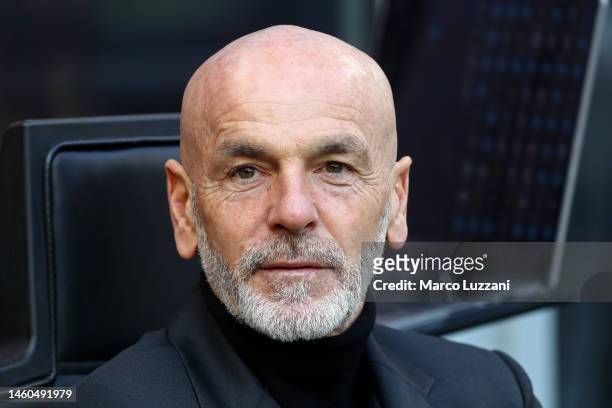 Stefano Pioli, Head Coach of AC Milan, looks on prior to the Serie A match between AC MIlan and US Sassuolo at Stadio Giuseppe Meazza on January 29,...