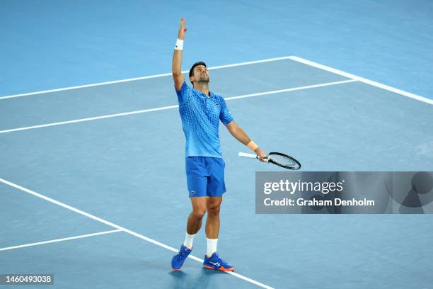 Novak Djokovic of Serbia celebrates winning championship point in the Men’s Singles Final against Stefanos Tsitsipas of Greece during day 14 of the...