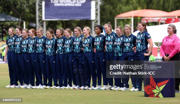 Players of England line up for the National Anthems ahead of the ICC Women's U19 T20 World Cup 2023 Final match between India and England at JB Marks...