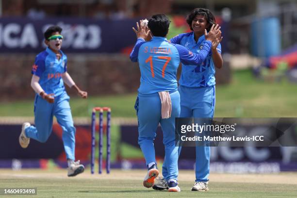 Titas Sadhu of India celebrates the wicket of Liberty Heap of England during the ICC Women's U19 T20 World Cup 2023 Final match between India and...