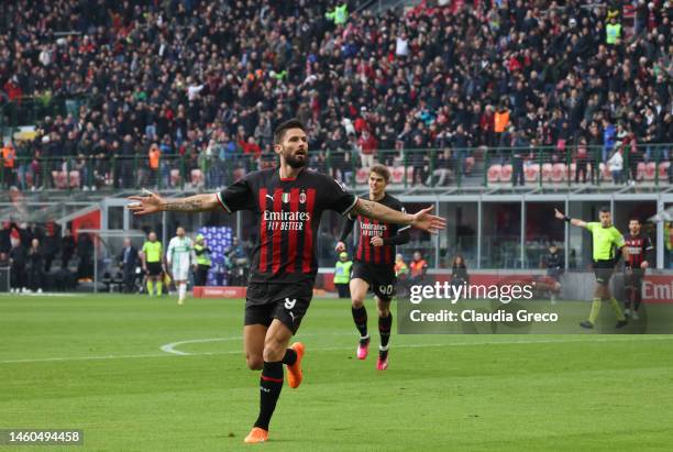 Olivier Giroud of AC Milan celebrates after scoring goal later disallowed due to offside position during the Serie A match between AC MIlan and US...