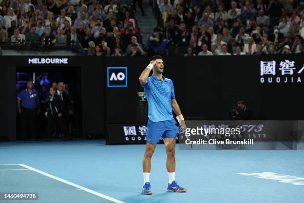 Novak Djokovic of Serbia celebrates winning championship point in the Men’s Singles Final against Stefanos Tsitsipas of Greece during day 14 of the...