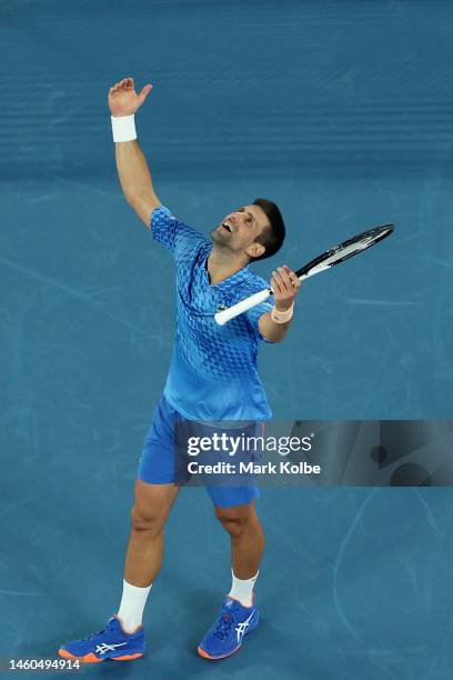 Novak Djokovic of Serbia celebrates winning championship point in the Men’s Singles Final against Stefanos Tsitsipas of Greece during day 14 of the...