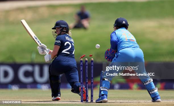 Niamh Holland of England is bowled by Archana Devi of India during the ICC Women's U19 T20 World Cup 2023 Final match between India and England at JB...