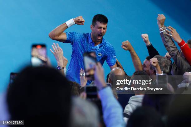 Novak Djokovic of Serbia celebrates winning championship point in the Men’s Singles Final against Stefanos Tsitsipas of Greece during day 14 of the...