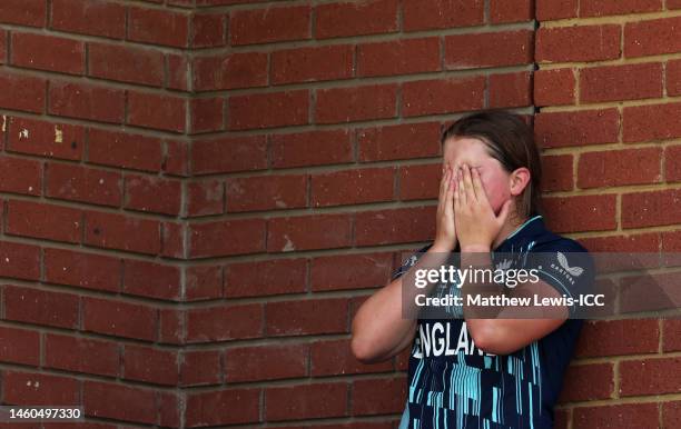 Grace Scrivens of England reacts after being dismissed during the ICC Women's U19 T20 World Cup 2023 Final match between India and England at JB...