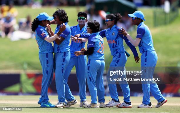 Titas Sadhu of India celebrates the wicket of Seren Smale of England with team mate Archana Devi during the ICC Women's U19 T20 World Cup 2023 Final...