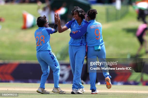Titas Sadhu of India celebrates the wicket of Seren Smale of England with team mate Archana Devi during the ICC Women's U19 T20 World Cup 2023 Final...