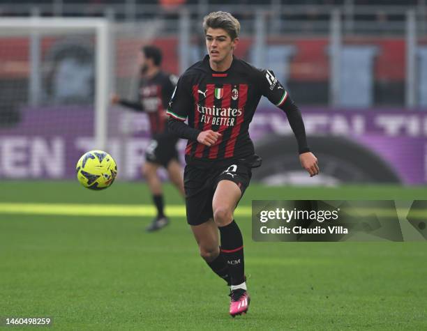 Charles De Ketelaere of AC Milan in action during the Serie A match between AC MIlan and US Sassuolo at Stadio Giuseppe Meazza on January 29, 2023 in...