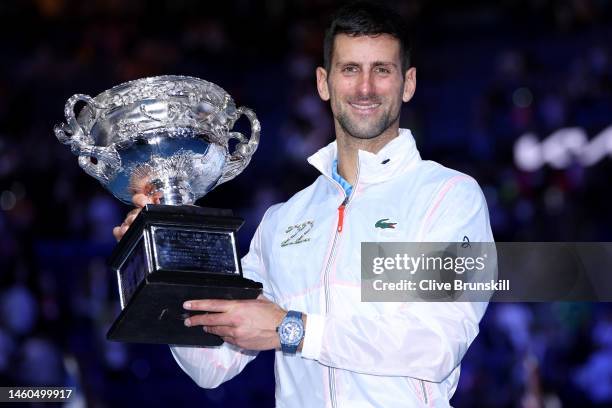 Novak Djokovic of Serbia poses with the Norman Brookes Challenge Cup after winning the Men's Singles Final match against Stefanos Tsitsipas of Greece...