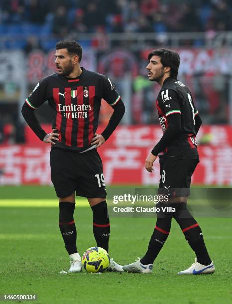 Sandro Tonali and Theo Hernandez of AC Milan reacts during the Serie A match between AC MIlan and US Sassuolo at Stadio Giuseppe Meazza on January...