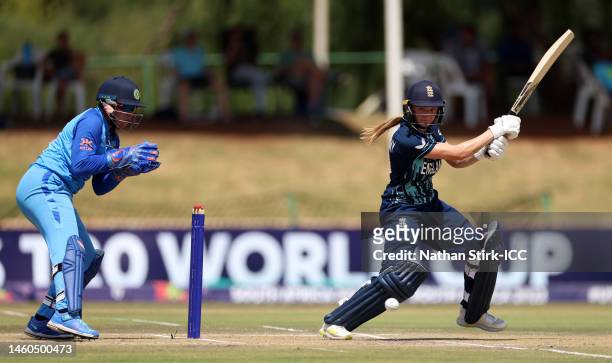 Ryana MacDonald-Gay of England plays a shot during the ICC Women's U19 T20 World Cup 2023 Final match between India and England at JB Marks Oval on...
