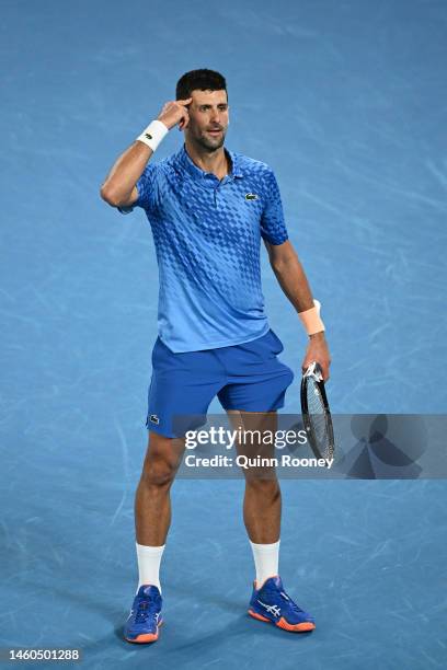 Novak Djokovic of Serbia celebrates winning championship point in the Men’s Singles Final against Stefanos Tsitsipas of Greece during day 14 of the...