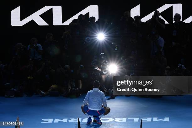 Novak Djokovic of Serbia poses with the Norman Brookes Challenge Cup after winning the Men's Singles Final match against Stefanos Tsitsipas of Greece...