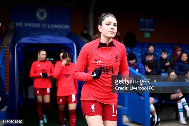 Carla Humphrey of Liverpool runs out to warm up ahead of the Vitality Women's FA Cup Fourth Round match between Chelsea Women and Liverpool Women at...