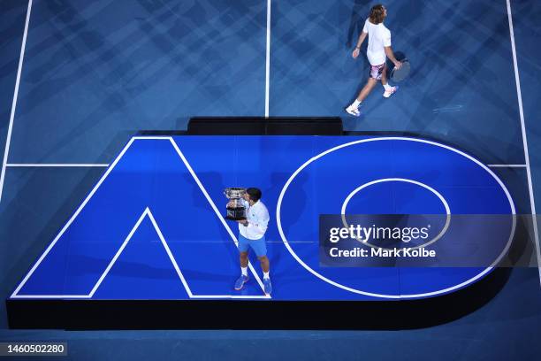 Novak Djokovic of Serbia poses with the Norman Brookes Challenge Cup after winning the Men's Singles Final match against Stefanos Tsitsipas of Greece...