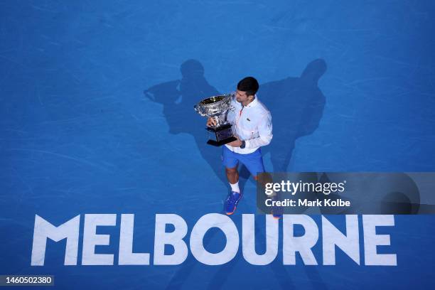 Novak Djokovic of Serbia poses with the Norman Brookes Challenge Cup after winning the Men's Singles Final match against Stefanos Tsitsipas of Greece...