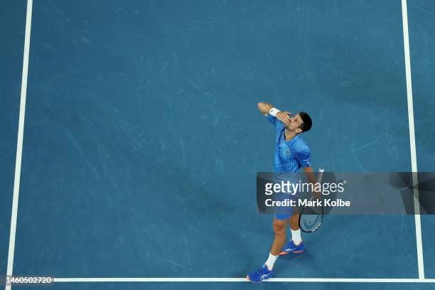 Novak Djokovic of Serbia celebrates winning championship point in the Men’s Singles Final against Stefanos Tsitsipas of Greece during day 14 of the...