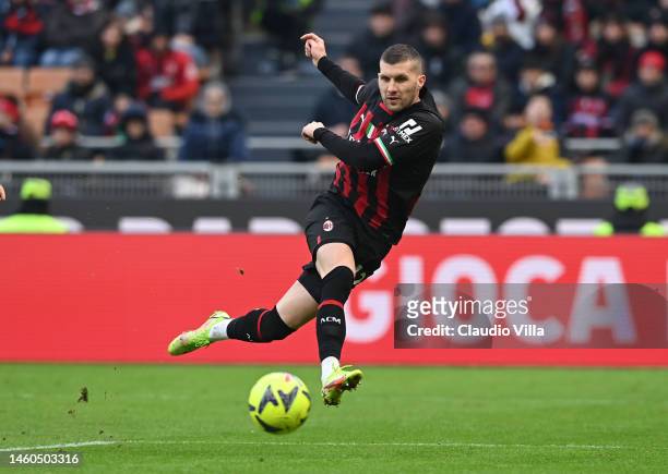 Ante Rebic of AC Milan scores a goal which was disallowed during the Serie A match between AC MIlan and US Sassuolo at Stadio Giuseppe Meazza on...